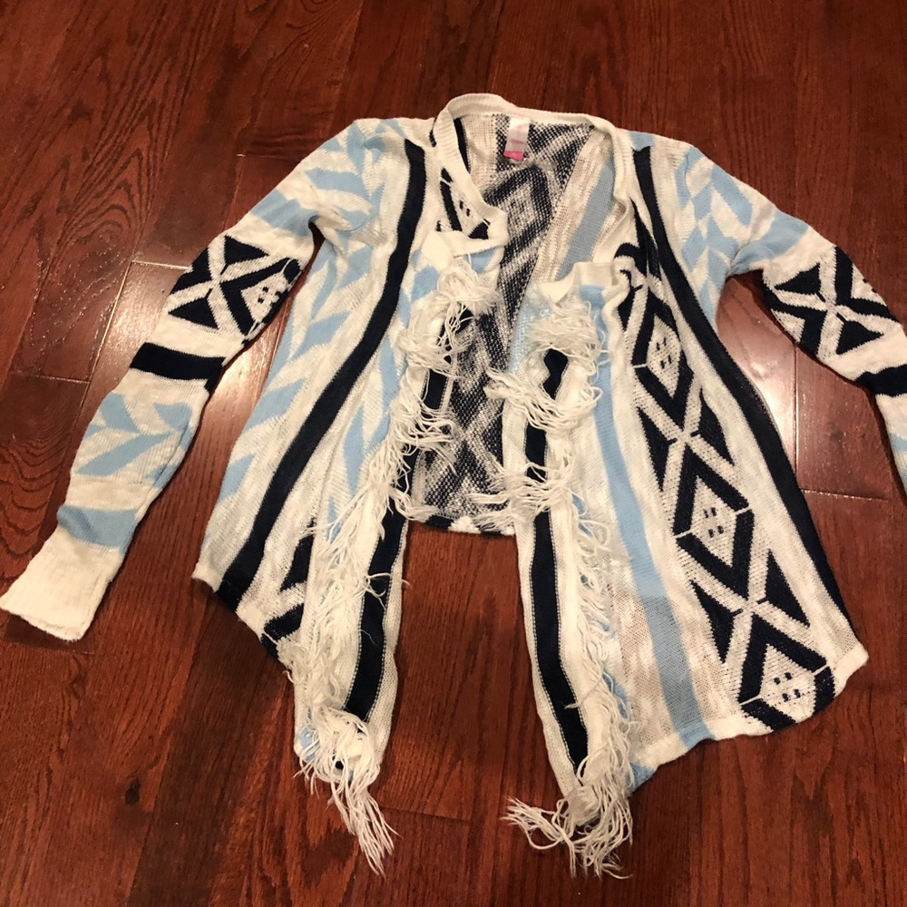 Fringed blue and white cardigan